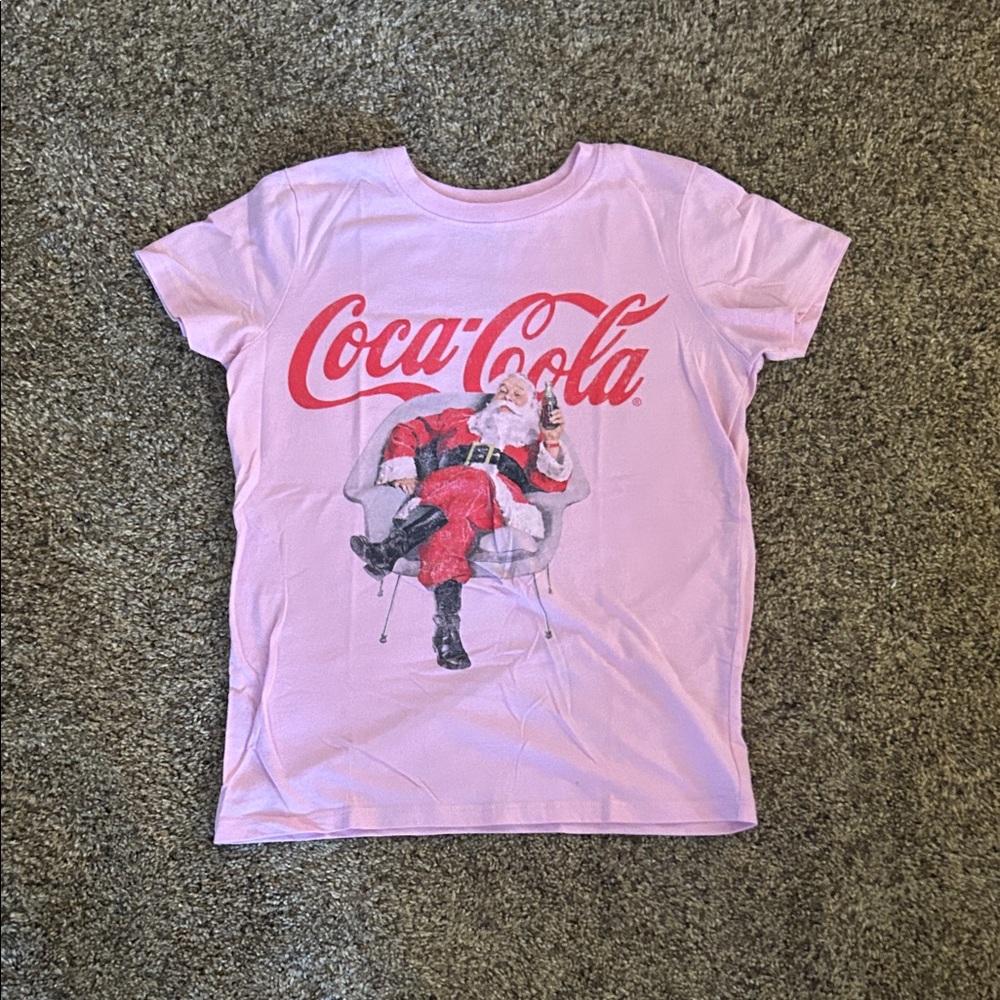 Coca-Cola Pink Tee with Red Logo & Santa Print